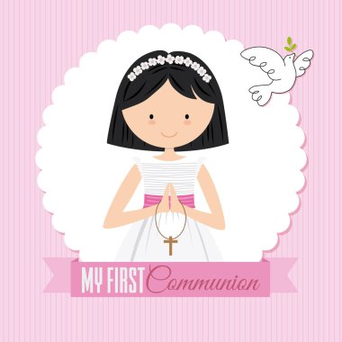 my first communion girl. Card girl praying and a pigeon flying