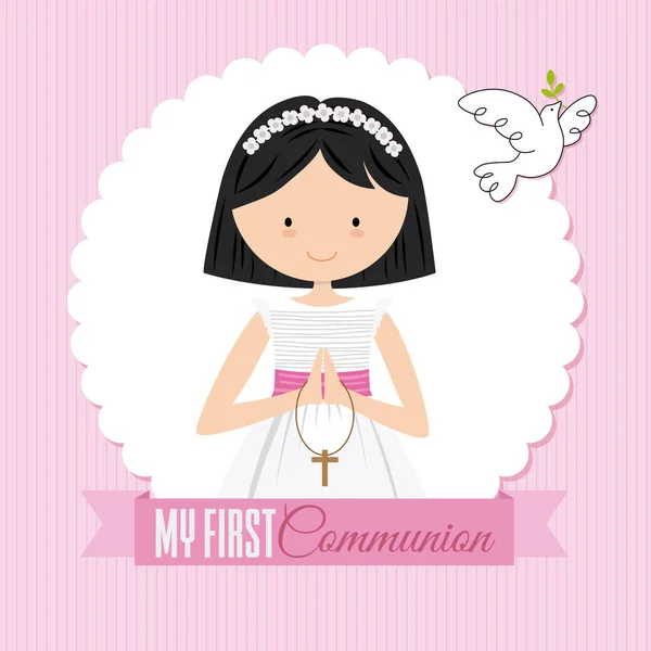 First Communion Girl Card Girl Praying Pigeon Flying — Stock Vector