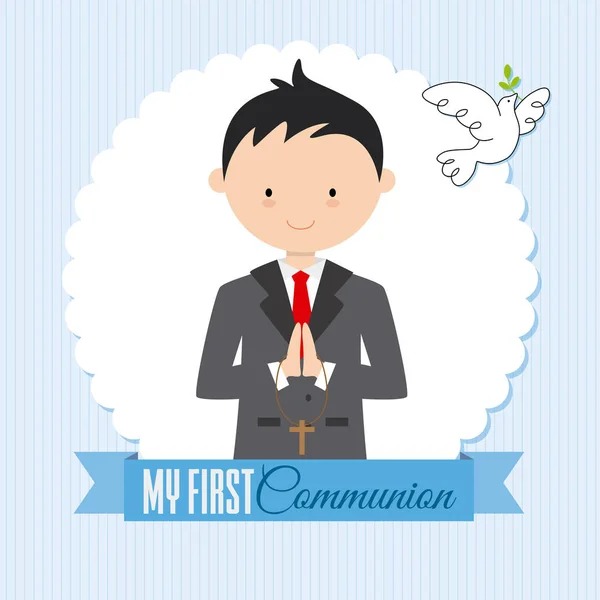 First Communion Boy Card Boy Praying Pigeon Flying — Stock Vector