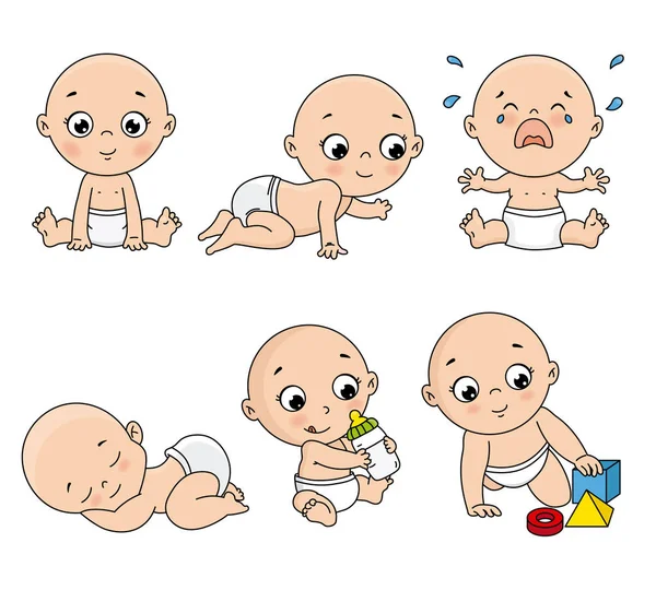 Baby Set Different Poses Standing Sitting Crying Playing Crawling Vector — Stock Vector