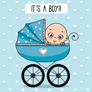 Bebek duş. Bebek arabası içinde erkek bebek.