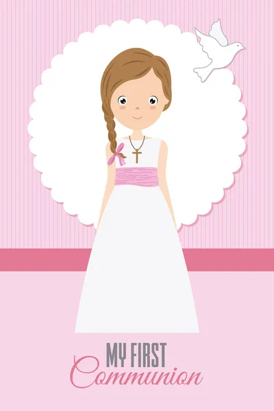 聖体のドレスと白い鳩と私の最初の聖体拝領の Girl Pretty 女の子 — ストックベクタ