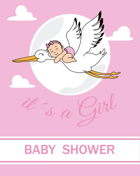 Baby Shower Card Baby Flying Top Stork — Stockvector