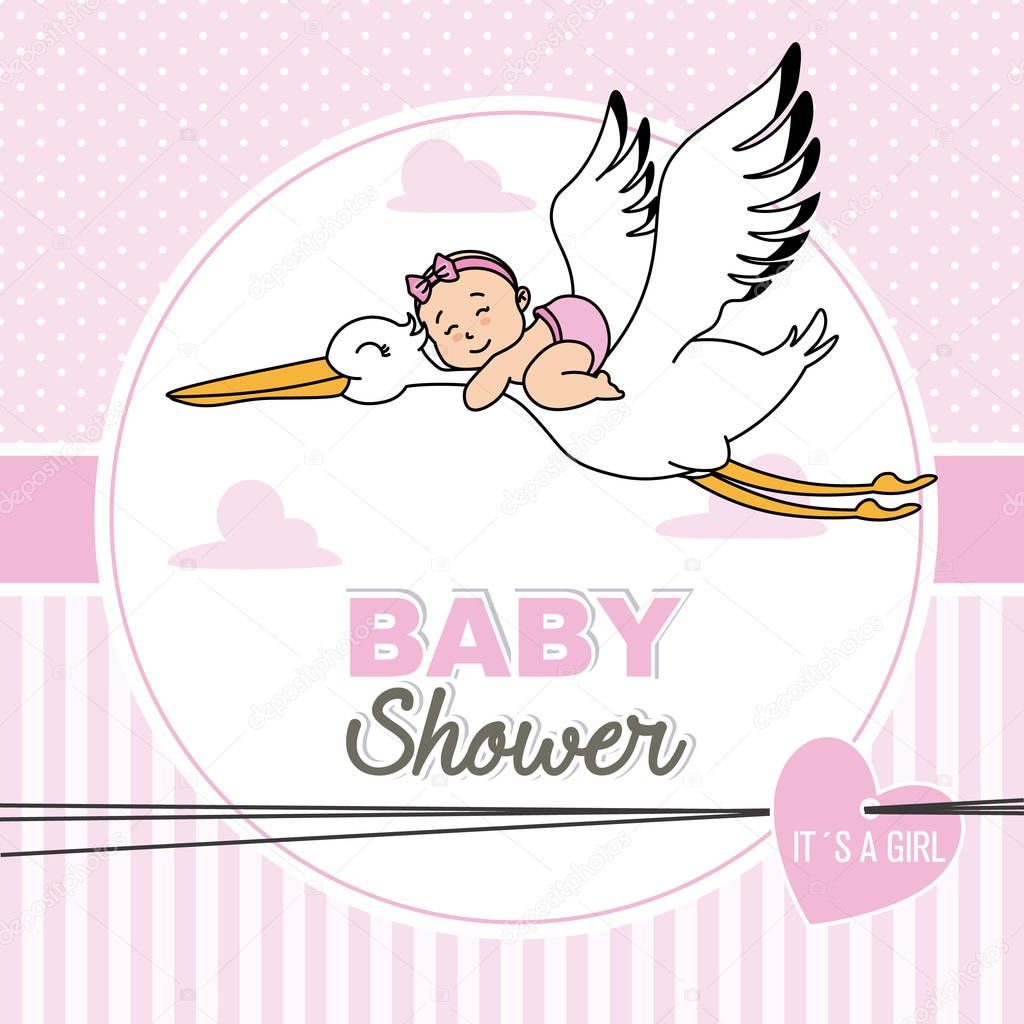 baby shower card.baby flying on top of a stork