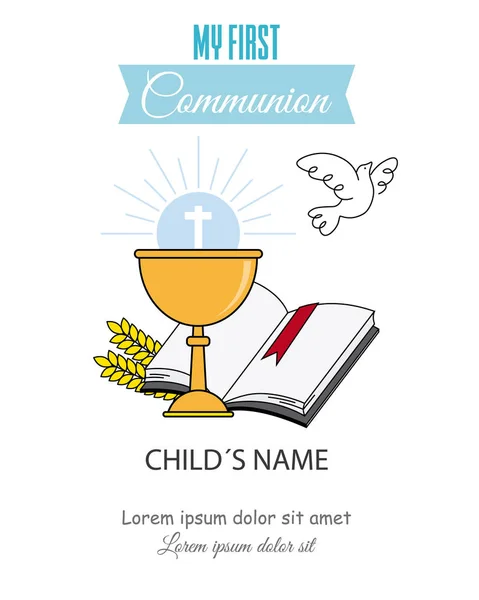 Card First Communion Invitation Chalice Bible Dove Peace — Stock Vector