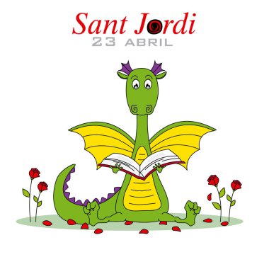 Sant Jordi. Ejderha gül tarafından çevrili bir kitap okuma. Catalonia geleneksel festival. İspanya