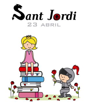 Prenses, knight ve ejderha. Catalonia geleneksel kutlama. Sant Jordi