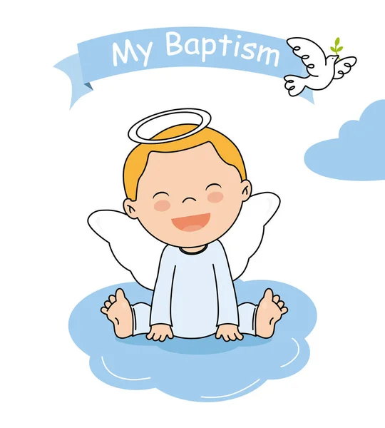 Tarjeta Invitación Bautismo Sonriente Ángel Niño Sentado Una Nube — Archivo Imágenes Vectoriales