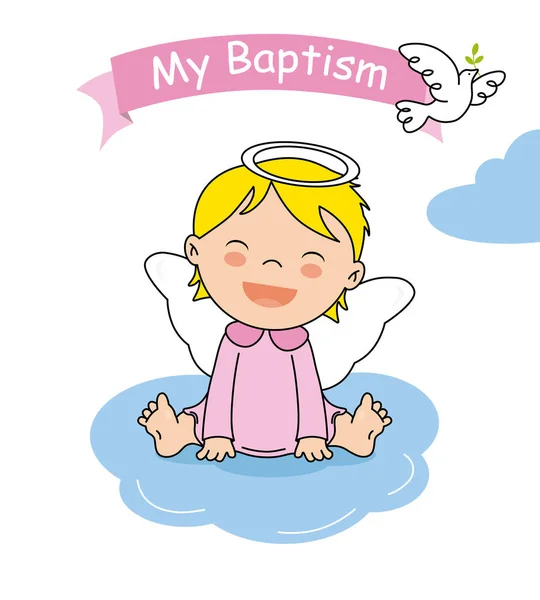 Προσκλητήριο Βάπτισης Χαμογελαστό Κορίτσι Άγγελος Κάθεται Πάνω Ένα Σύννεφο — Διανυσματικό Αρχείο