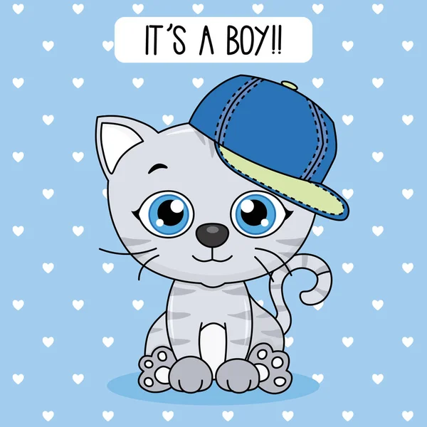 赤ちゃん男の子シャワー カード 帽子とかわいい猫 — ストックベクタ