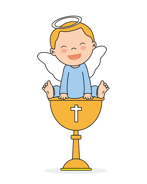 Baptism Invitation Card Smiling Angel Boy Sitting Calyx — Stock Vector