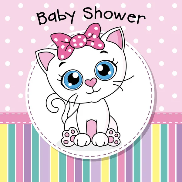 Tarjeta Baby Shower Lindo Gato Con Rosa Arco — Vector de stock