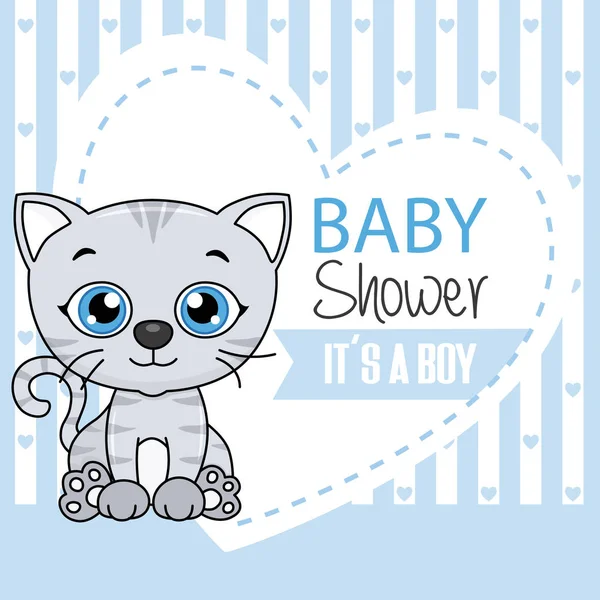 Baby Boy Shower Card Cute Cat Heart Space Text — Stock Vector