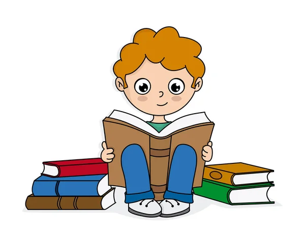 Junge Liest Umgeben Von Büchern Vektor Isoliert — Stockvektor