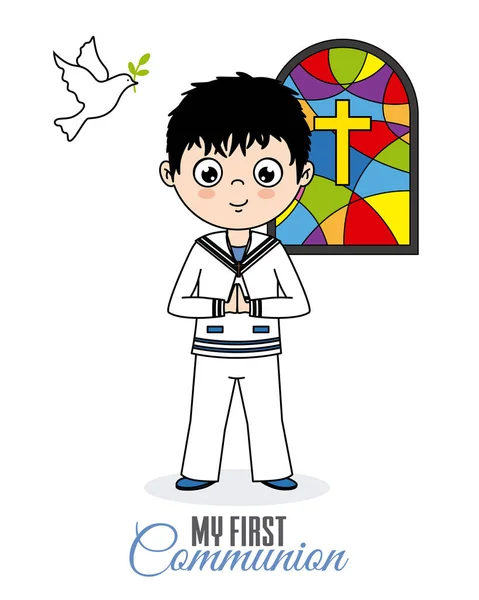 Primera Comunión Niño Rezando Iglesia — Vector de stock