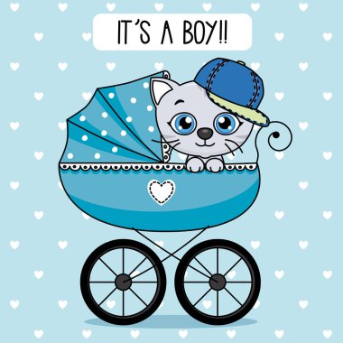 bebek çocuk duş kartı. kedi içinde bebek arabası