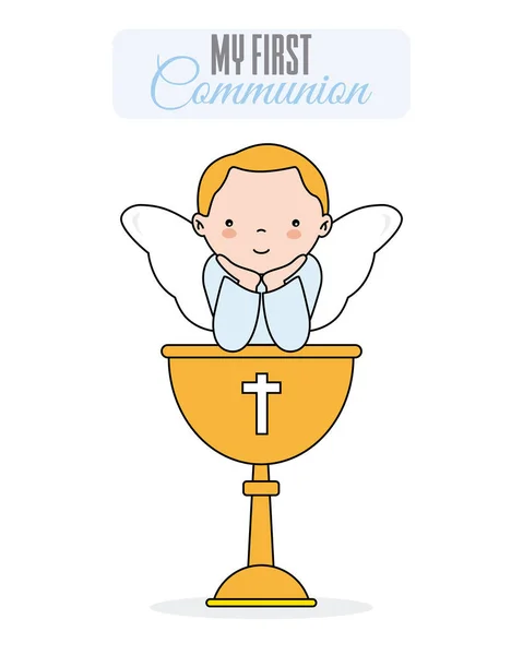 Cartão Convite Batismo Sorrindo Anjo Menina Sentado Cálice — Vetor de Stock
