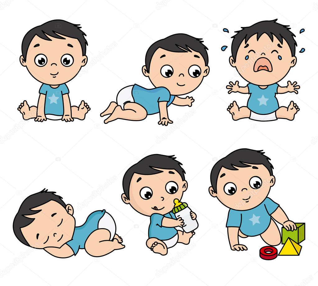 Baby boy set in different poses such as standing, sitting, crying, playing, crawling. vector isolated