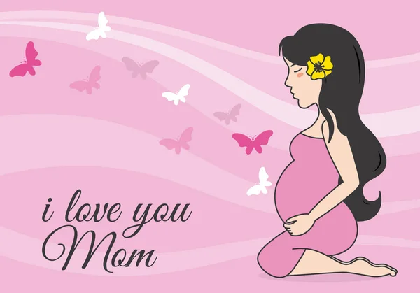 Anyák Napi Üdvözlőlap Terhes Rózsaszín Háttér Pillangó — Stock Vector