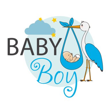 Bebek duş kartı. Leylek bebek çocuk ile