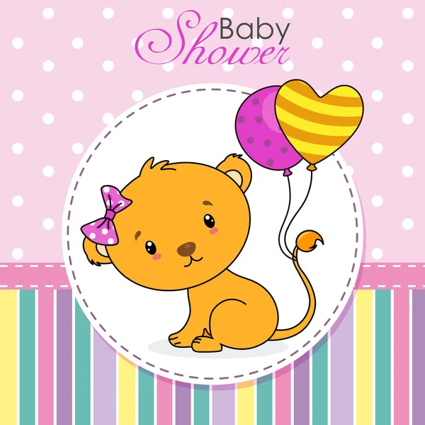 Baby Shower Mädchen Einladung Niedlicher Löwe Mit Luftballons — Stockvektor