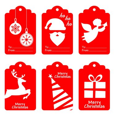 Mutlu noel etiketleri hazır. Kırmızı arkaplanda beyaz simgeler