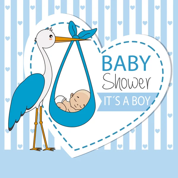 Kaart Van Douche Van Baby Ooievaar Met Babyjongen — Stockvector