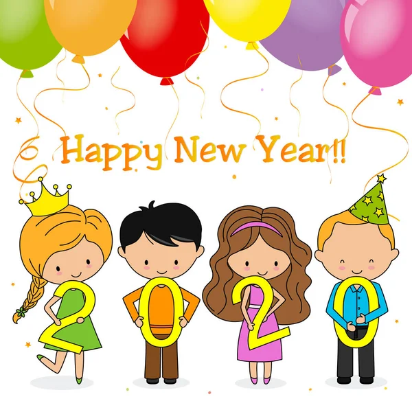 祝2020年新年快乐 庆祝新年的儿童卡 — 图库矢量图片