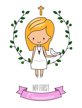 İlk komünyon kartı. Güvercinli kız