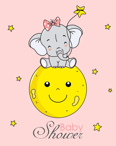 Lindo Elefante Sentado Luna Tarjeta Ducha Bebé Niño — Vector de stock