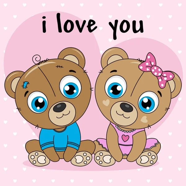 Two Little Bears Girl Boy Pink Background Hearts — Stock Vector