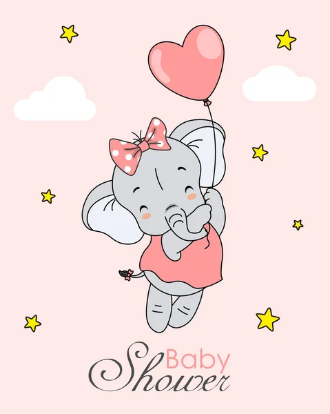 Baby Girl Shower Card Elephant Flying Balloon — Stock Vector