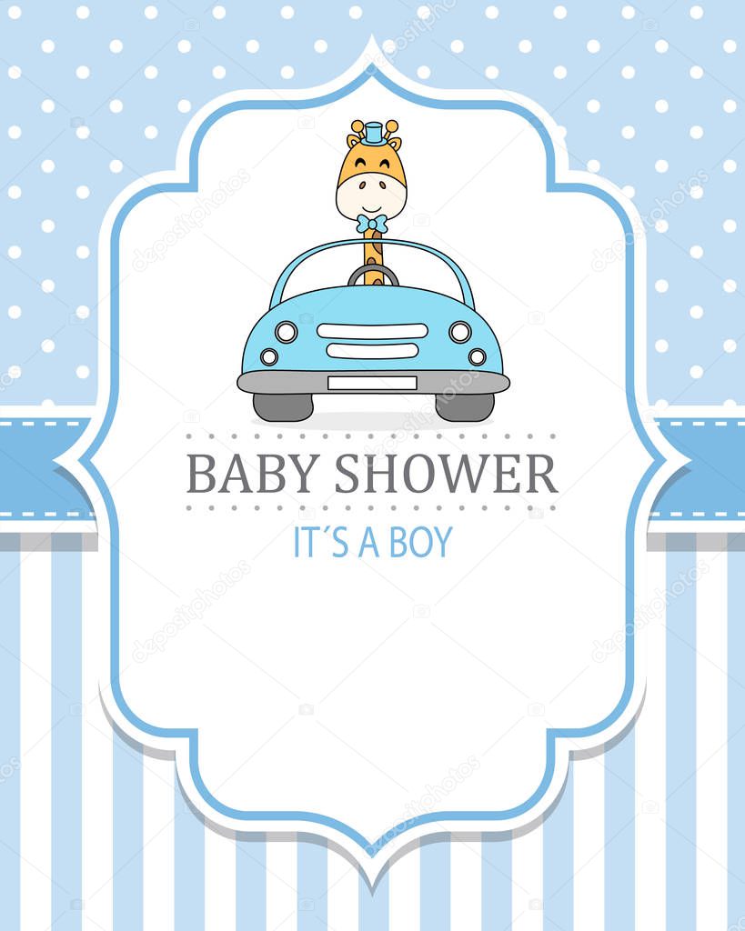 baby boy shower card. Giraffe driven a car