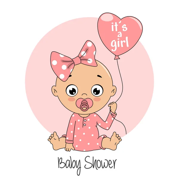 Babyduschkarte Mädchen Mit Luftballon Der Hand — Stockvektor