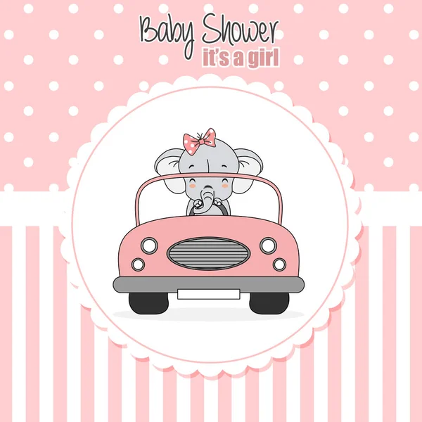 Baby Girl Shower Card Elephant Driven Car — Stock Vector