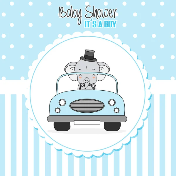 Baby Boy Shower Card Elephant Driven Car — Stock Vector