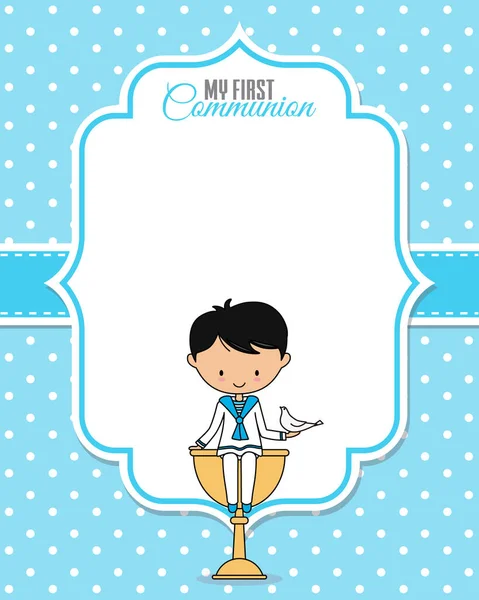 First Communion Card Boy Sitting Chalice White Dove — Stock Vector