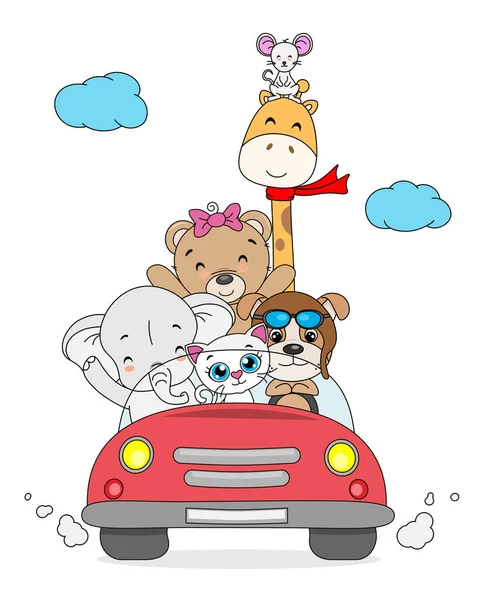 Animais Desenhos Animados Engraçados Dentro Carro Vetor Isolado — Vetor de Stock