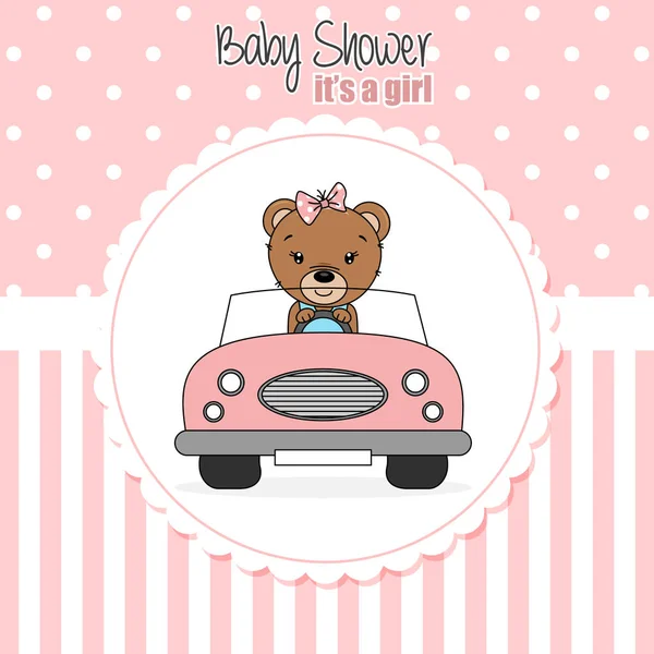 Baby Girl Shower Card Bear Driven Car — Stock Vector