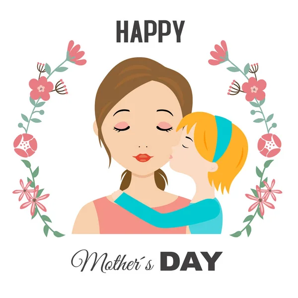 Tarjeta Del Día Las Madres Chica Besa Mamá — Vector de stock