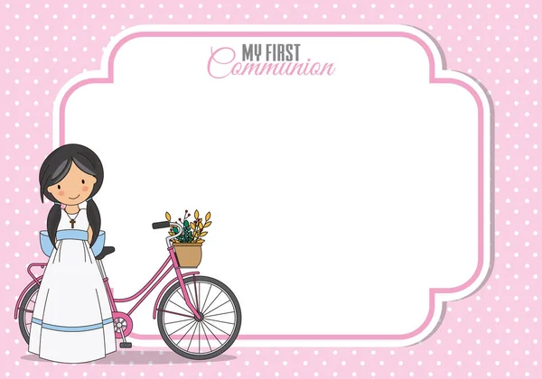 Cartão Comunhão Feminino Menina Com Bicicleta Quadro Com Espaço Para — Vetor de Stock