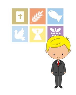 İlk komünyon kartı. Dini simgeleri olan bir çocuk. Metin için boşluk