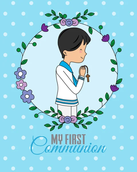 Première Carte Communion Garçon Priant Avec Cadre Fleurs — Image vectorielle