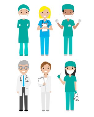 Sağlık ve Tıp konsepti illüstrasyonu. Doktor ve hemşire karakterleri.