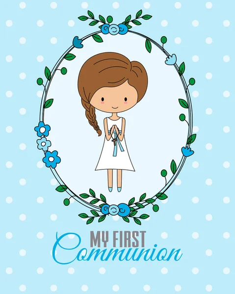 Première Carte Communion Fille Priant Avec Cadre Fleurs — Image vectorielle