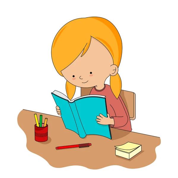 机の上で読書している女の子 分離ベクトル — ストックベクタ