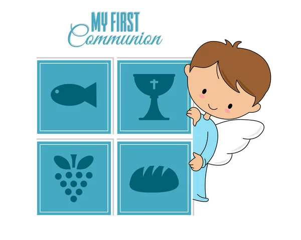 Carte Communion Baptême Ange Avec Des Icônes Religieuses Vecteur Isolé — Image vectorielle