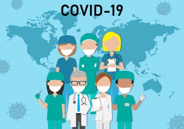 Arka planda dünya haritası olan yüz maskesi takan bir grup doktor. Covid-19 'u durduruyorum.