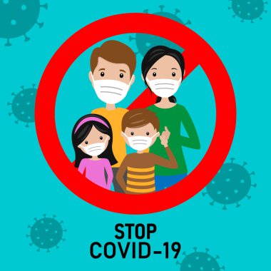 Yüz maskeli bir aile. Covid-19 'u durduruyorum.