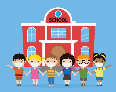 Okullarının önünde maskeli çocuklar. Cavid-19 'da korunma